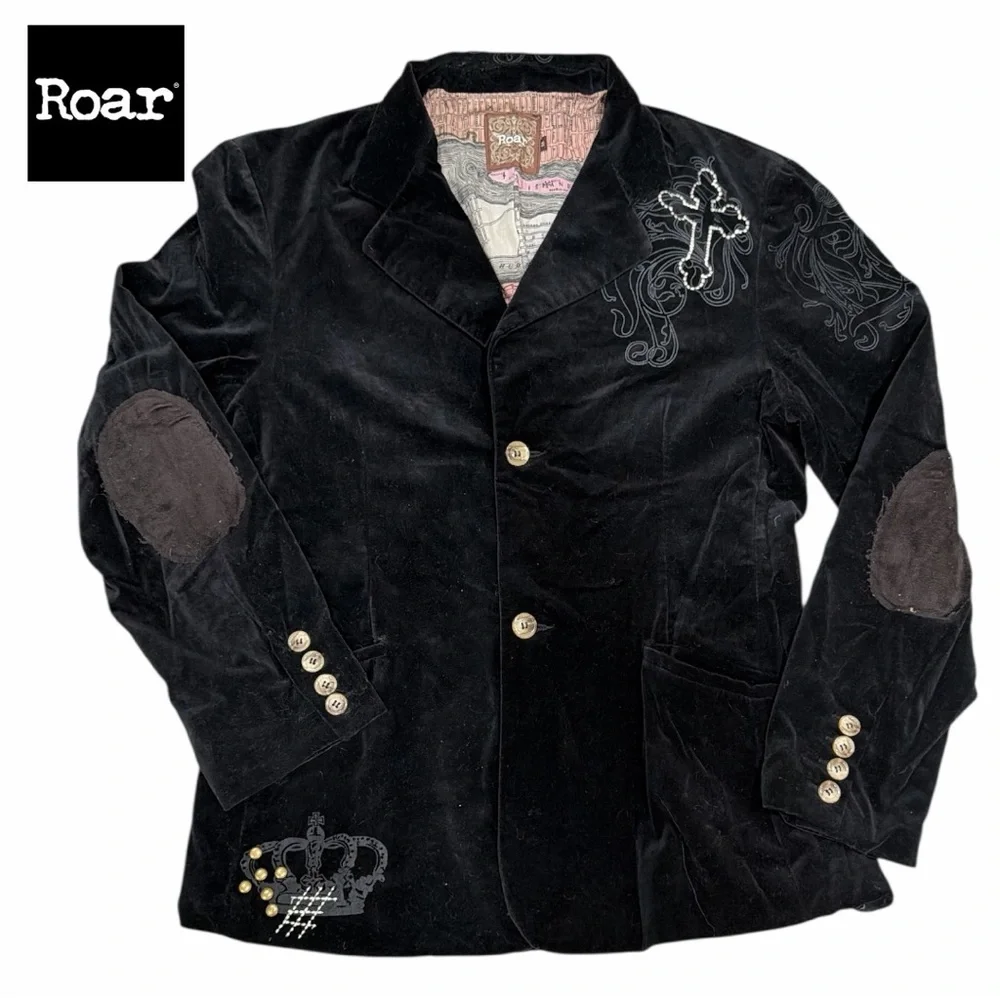 Roar Men's Black‎ Velvet Blazer with Embroidered Details - Size M